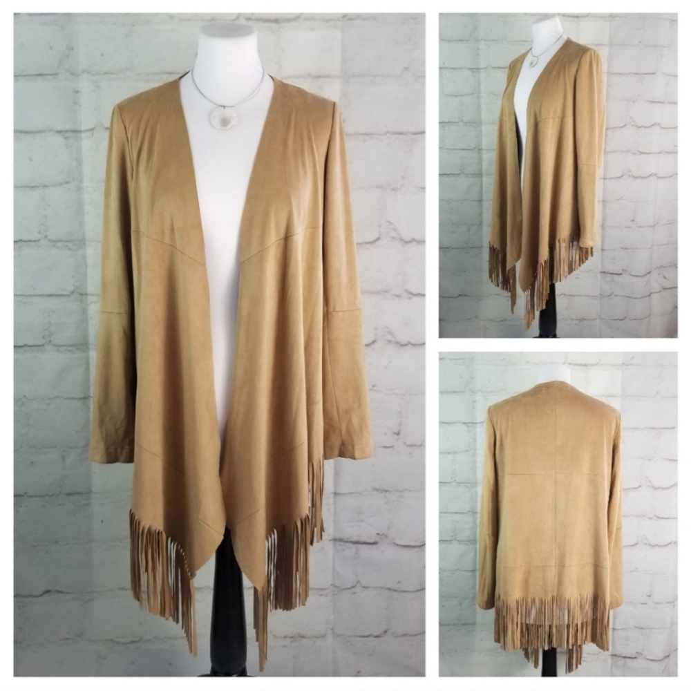 Zara S Tan Fringed Open-Front Soft Thin Stretchy Microsuede Coat